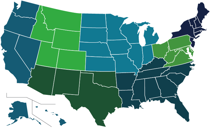 map of the 50 United States divided by colors to show survey respondents' companies' locations