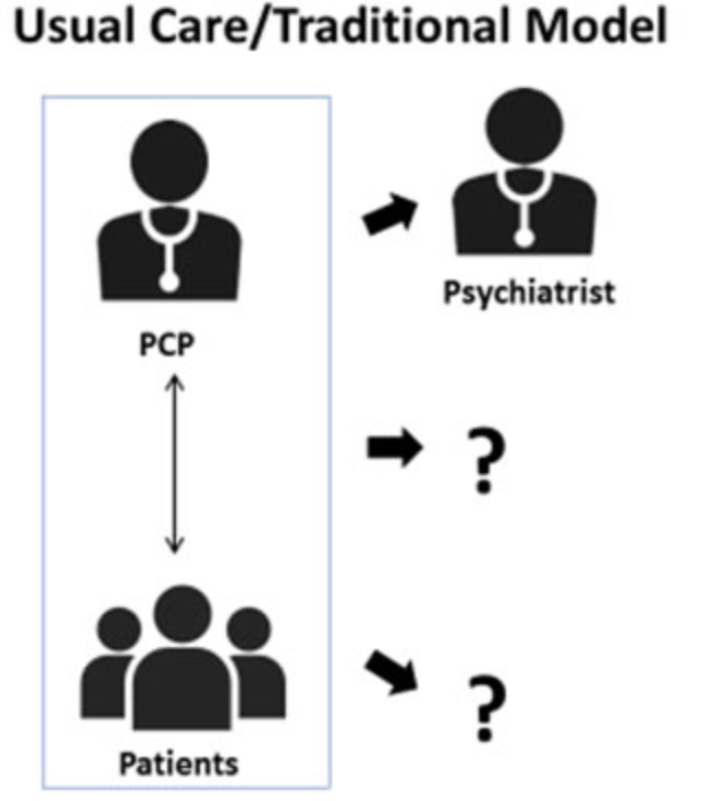 Usual Care/Traditional Model Diagram with PCP and Patients in a box on the left, a dual-sided arrow between them. outside of the box to the right is an arrow pointing to a psychiatrist, a second arrow pointing to a question mark, and a third arrow pointing to another question mark