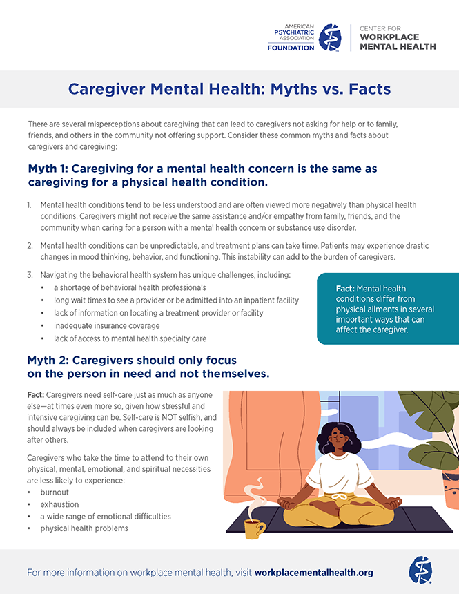 Caregiver Mental Health: Myths vs. Facts Cover with the American Psychiatric Association Foundation Center for Workplace Mental Health logo